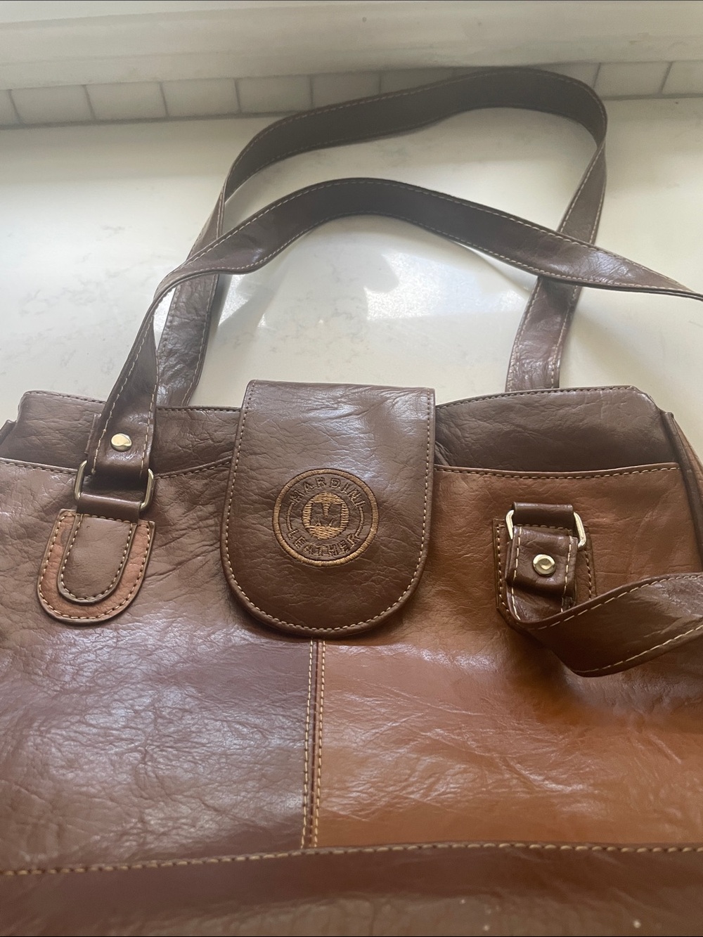 Women's Two-Tone Brown Leather Shoulder Bag with Patch Detail